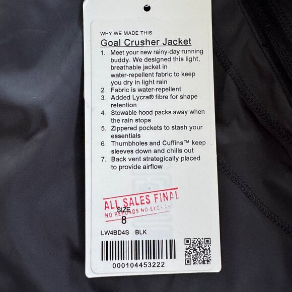 NWT lululemon Goal Crusher Jacket Sz 8 Black - Picture 6 of 6